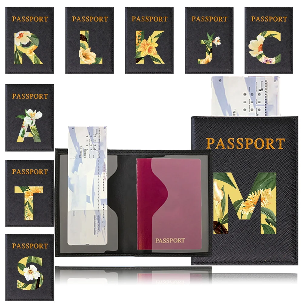 PU Leather Passport Cover Card Holder Black Color Wallet Lightweight Travel Accessories for Flight Floral Pattern Series