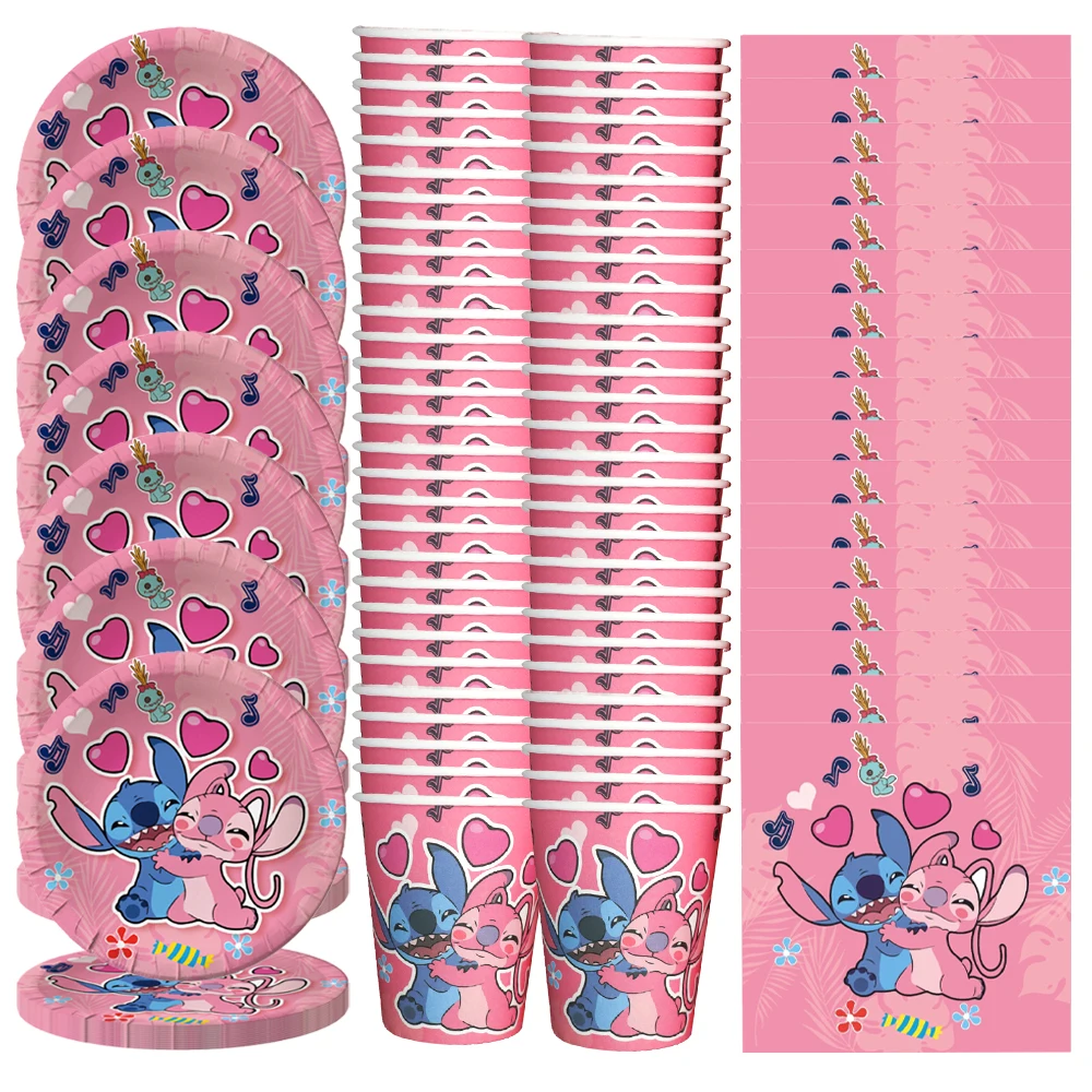 

60pcs Pink Loli Stitch Disposable Tableware Set Girl Kids Favors Birthday Party Decoration Paper Plates Cup Napkins Tablecloth