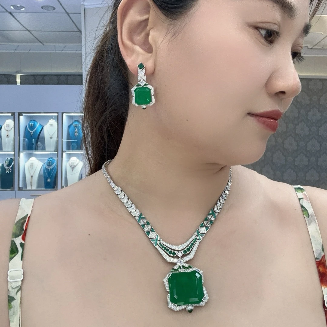 

EYER Top Grade Temperament AAA Zircon designer Necklace For Women Luxury Green Drop Earrings Wedding Evening Dress Jewelry Set