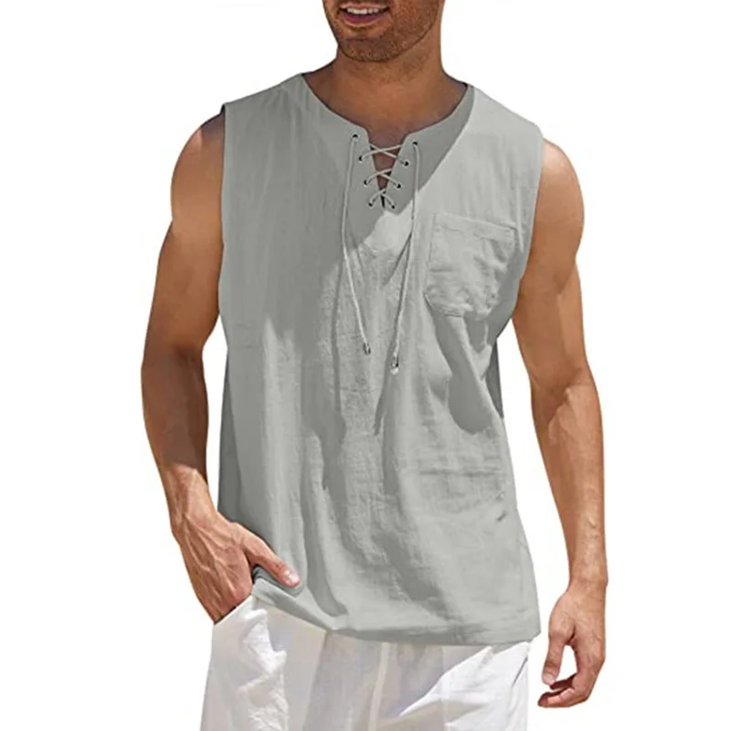 Men\'s Tank Tops Summer Fashion Solid Color Loose Cotton Linen Shirt Casual Beach Style Sleeveless T-Shirt Lace Up Man Vest Tops