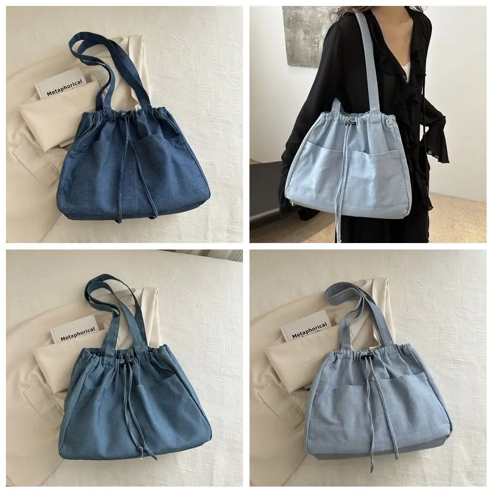 

Простая большая вместительная оксфордская сумка на плечо на шнурке, универсальная джинсовая сумка-тоут для отдыха, повседневная ковбойская парусиновая сумка-ведро для студентов