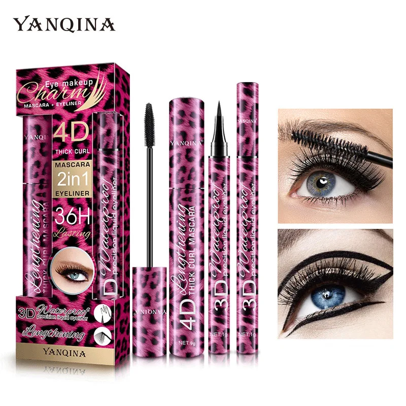 Waterproof Smudge-Proof Leopard Print Eyeliner And Mascara Two-In-One Beauty Makeup Set For Eyes Long-Lasting Cosmetics Kit