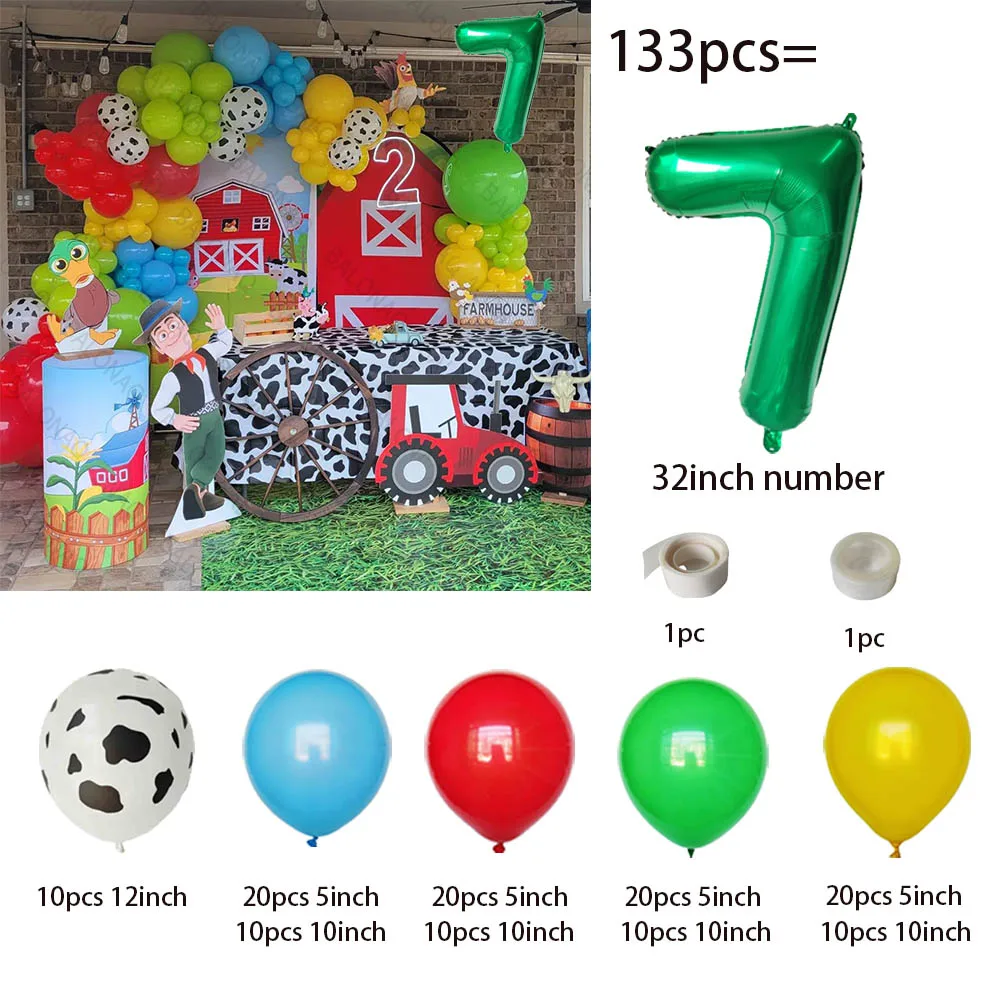 132pcs Red Yellow Green Cow Pattern Printed Latex Balloons Garland Arch Kit Farm Party Supplies Farm Animals Birthday Decoration