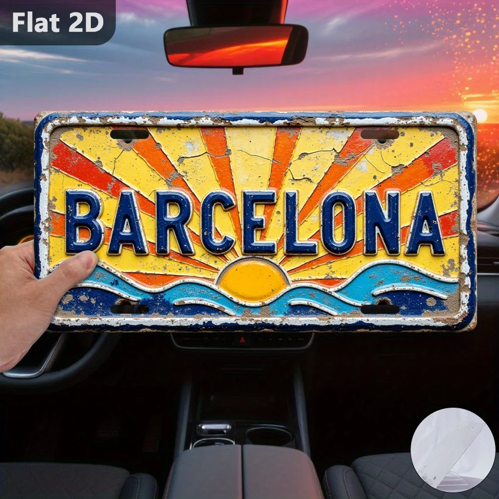 2D Flat, 1pc, Vintage Sign, Decorative Plaque& Statues(30.48cm X 14.99cm), Barcelona Sunburst Plate, Spain, Pieces, Retro Metal