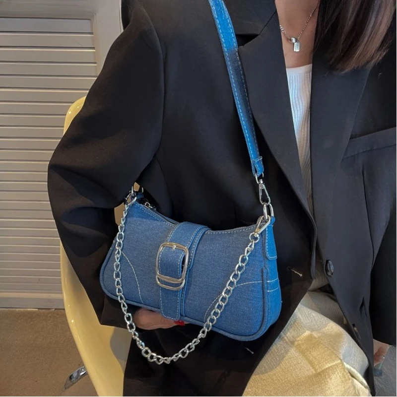 

Женская модная маленькая дизайнерская джинсовая сумка через плечо с ремешком-цепочкой на одно плечо и подмышками, парусиновая сумка на плечо