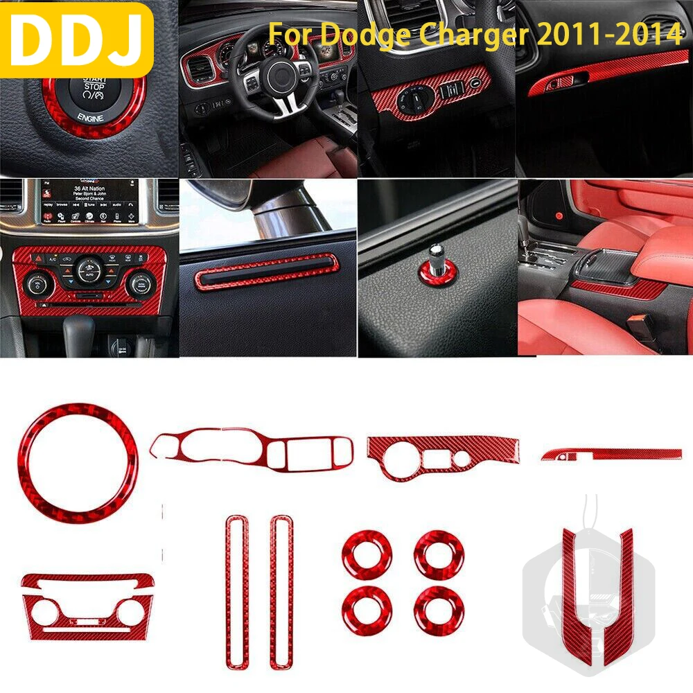 For Dodge Charger 2011 2012 2013 2014 Accessories 19PCS Red Carbon Fiber Interior Full Protective Cover Decoration