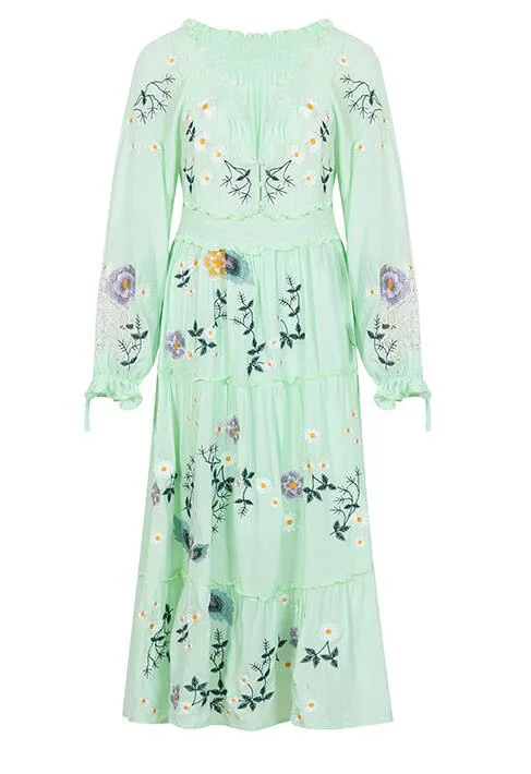 Teelynn Diepe V Lange Mouw Jurken Voor Vrouwen Casual Hoge Taille Ruches Jurk Voorjaar 2023 Vintage Bloemen Borduren Boho Vestidos