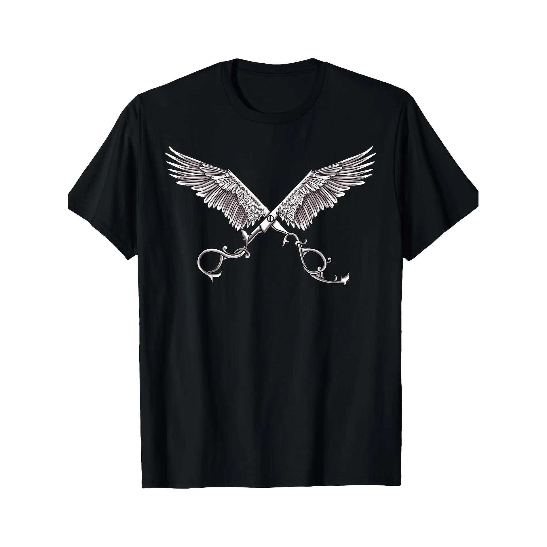 Barber Wings Scissors Graphic T-Shirt Men's Black Cotton Casual Short Sleeve Tee Hair Stylist Gift