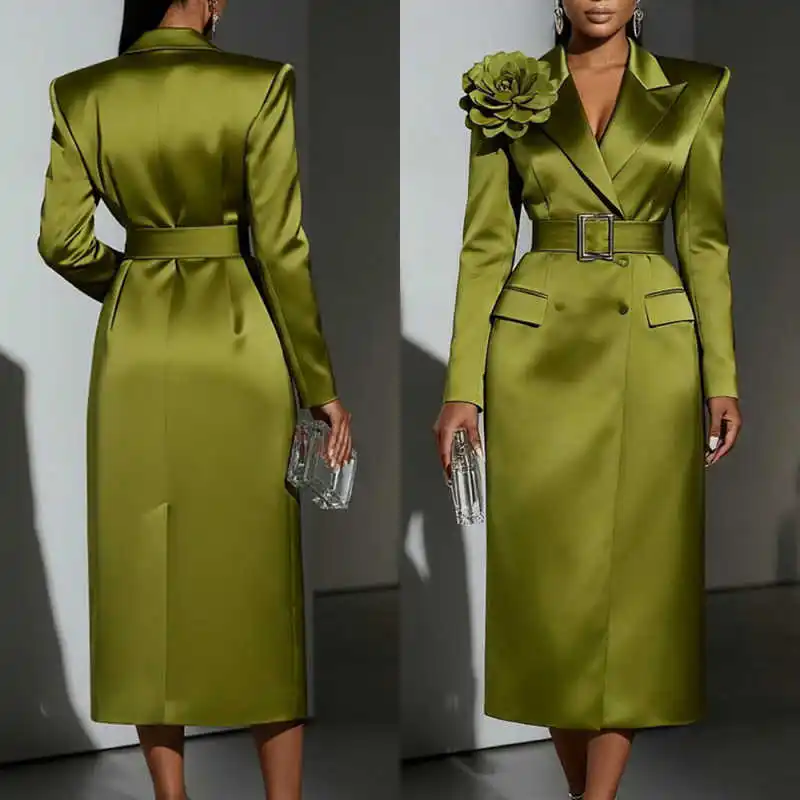 

Vintage Women Overcoat Double Breasted With Belt Hand Made Flowers Coats Casual Special Occasion Customized