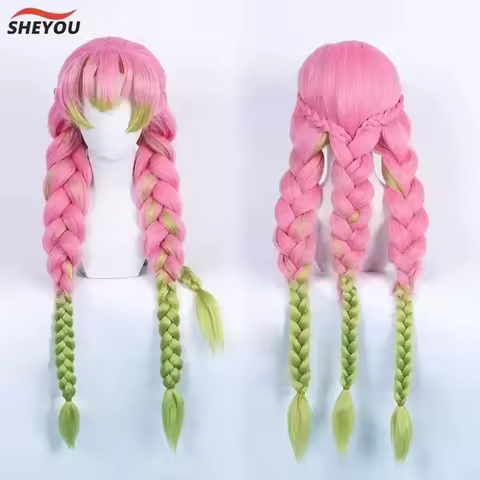 Hoge Kwaliteit Kanroji Mitsuri Cosplay Pruik Anime Lang Groen Roze Hittebestendig Synthetisch Haar Halloween Pruiken + Pruik Cap