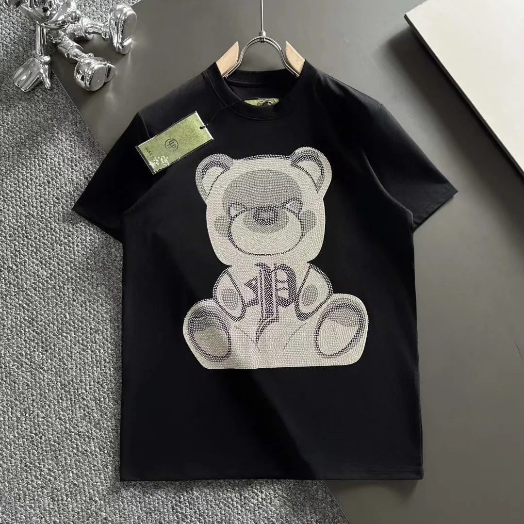 Alex Plein Rhinestones Teddybear Crystals Men\'s Fashion Clothing Couple Streetwear 2024Summer Cotton Shortsleeve Crewneck Tshirt