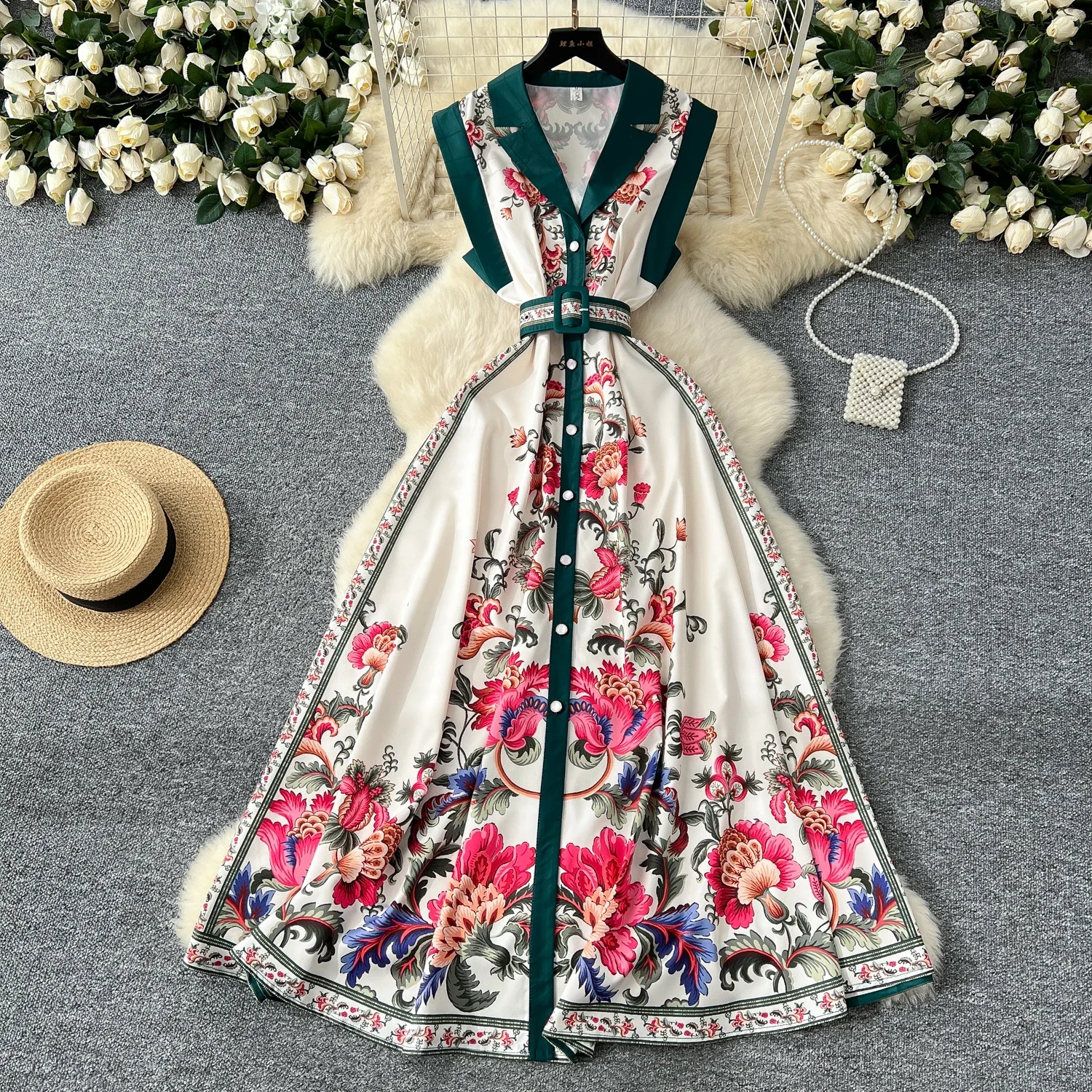 Elegant Print Single Breasted Sashes Vintage Notched Collar Sleeveless Slim Long Dresses Fashion Evening High Street Clothing