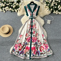 Elegant Print Single Breasted Sashes Vintage Notched Collar Sleeveless Slim Long Dresses Fashion Evening High Street Clothing