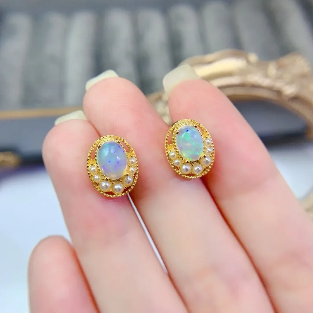 Exquisite Natural Opal Ear Studs S925 Sterling Silver Luxury Elegant Jewelry for Gift Giving Romantic Refined Style To Show