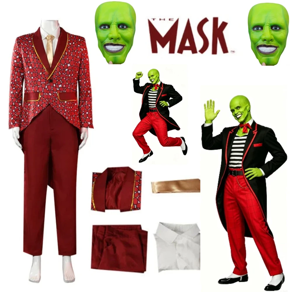 

Horror JimCarry Suit Red Suit Green Mask Suits and Ties Movie The Mask Cosplay Outfit Stanley Python-patterned Halloween Clown