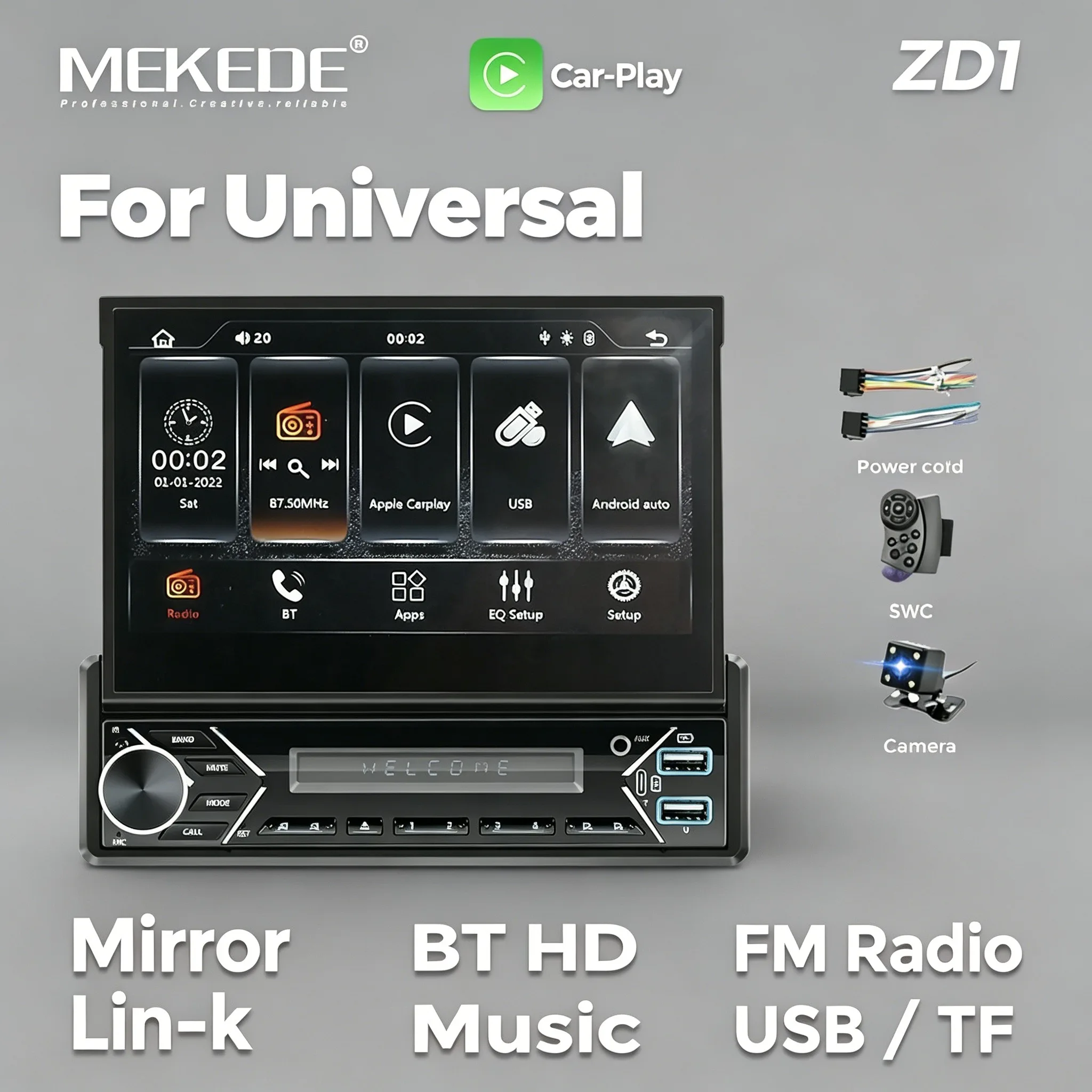 

MEKEDE U.S. Warehouse 1 Din automatic Retractable Central Control Smart Car Radio Wireless Carplay Central Multimedia MP5 Player