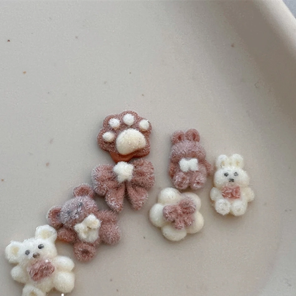 10pcs New Plush Bear Nails Jewelry Cute Plush Bow Rabbit Milk Coffee Charms Nail Art Decoration Rhinestones Manicure Accessories