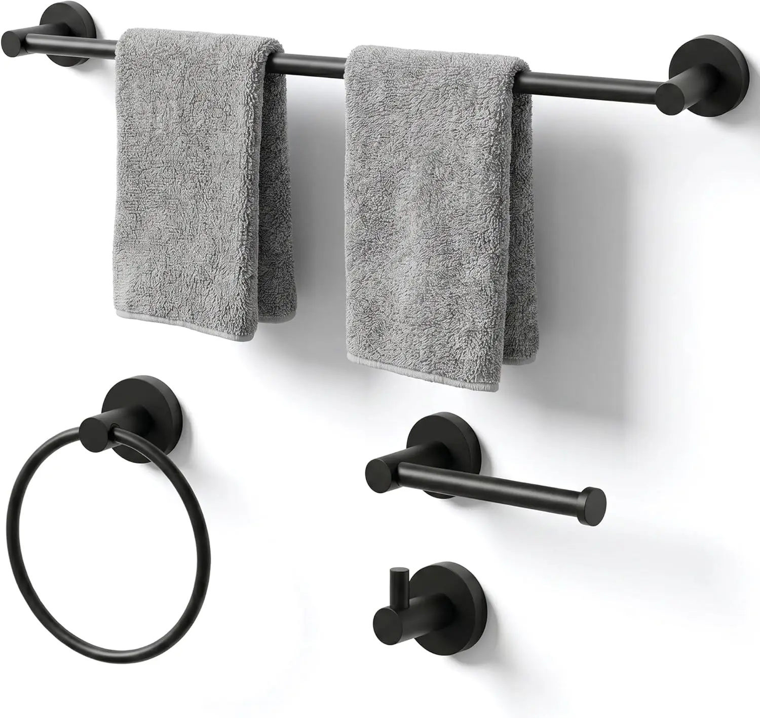 

24-Inch Wall Mounted Bathroom Towel Rack Set, 4-Piece Stainless Steel Hardware Set with Towel Bar, Ring, Holder & Hook, Matte