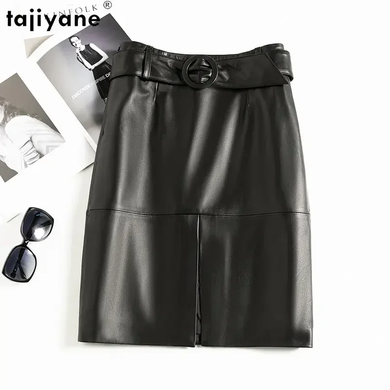 Tajiyane 100% تنورة جلدية أصلية للنساء 2023 تنانير أنيقة عالية الخصر موضة كورية من جلد الغنم الحقيقي تنورة جلدية متوسطة الطول