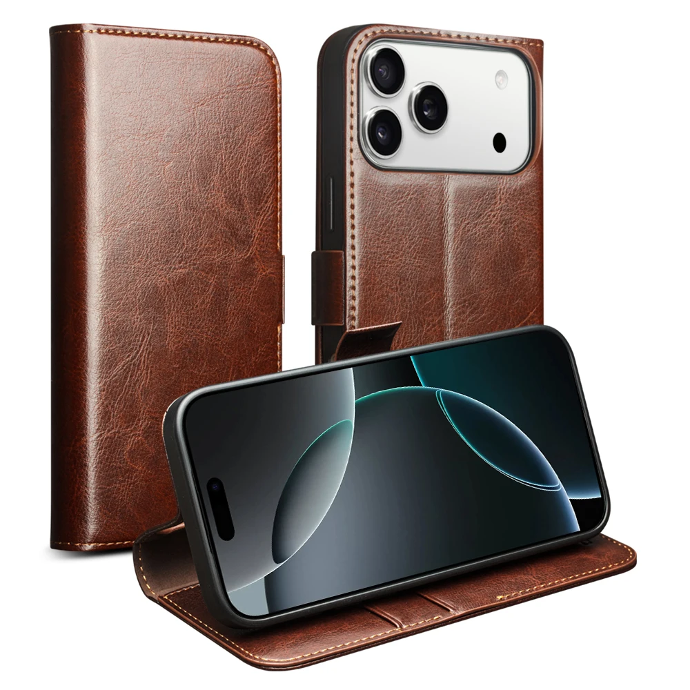 

QIALINO Case for iPhone 17 Pro Genuine Leather Flip Bracket Handmade Magnetic Cover with Card Slots for iPhone 17 Pro Max/17 Air