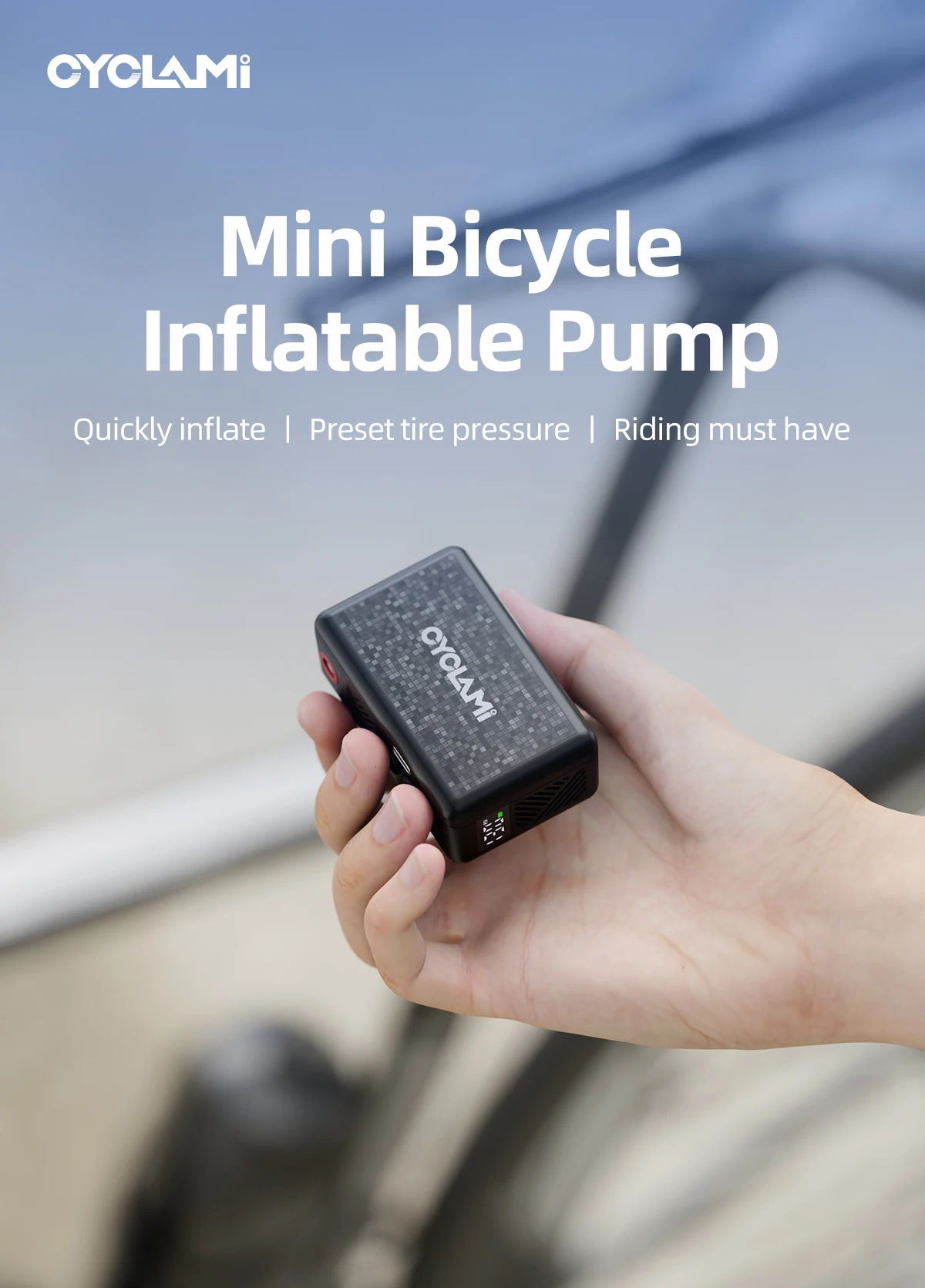 130 PSI CYCLAMI AM6 Tragbare elektrische Taschen-Inflatorpumpe, individuelle Reifendruckanzeige, 9-Bar-Reifenfüller, MTB, Rennrad, FV AV – Detail 1