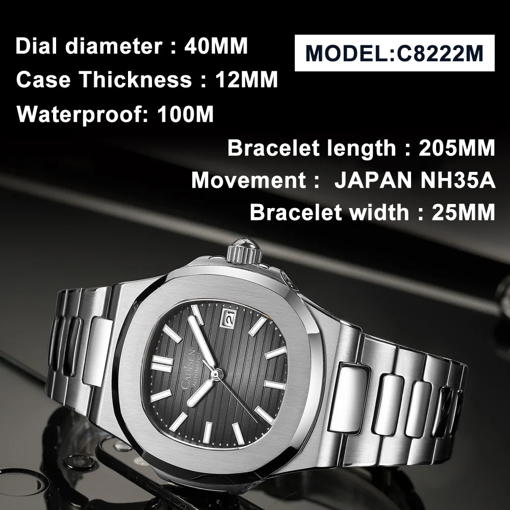 NEW CADISEN 2024 New Men\'s Watches Luxury Automatic Watch For Men Mechanical 40MM WristWatch Stainless Steel AR Sapphire glass