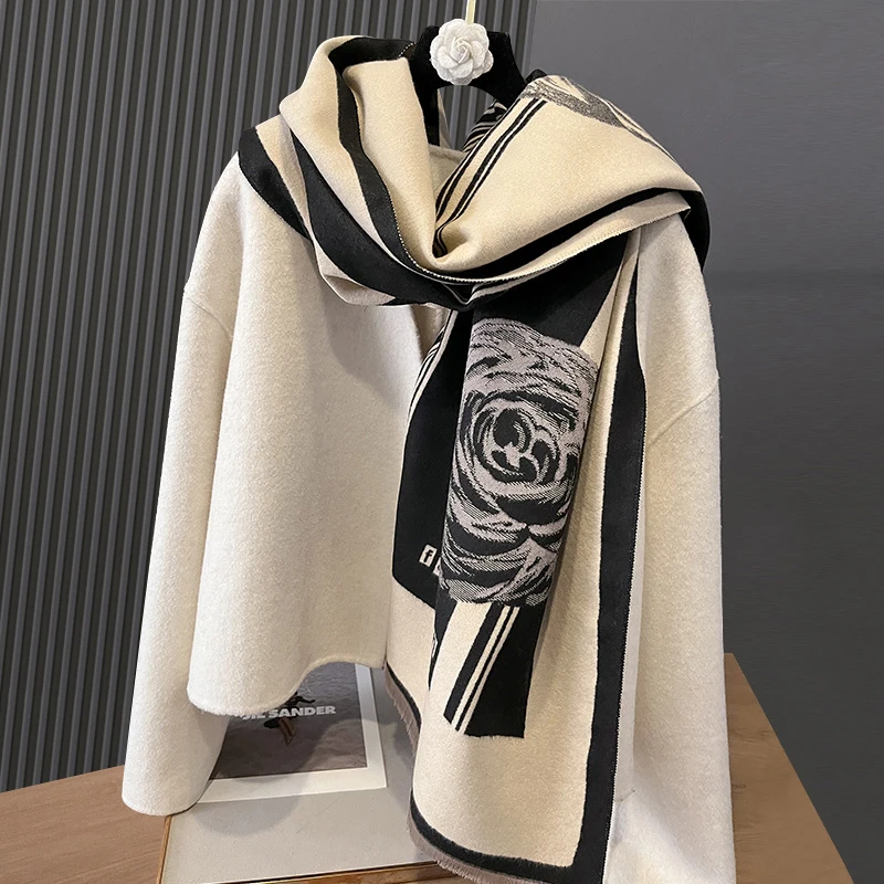 Rose flower luxury jacquard imitation cashmere scarf thickened autumn and winter new muffler shawl neckerchief muffle