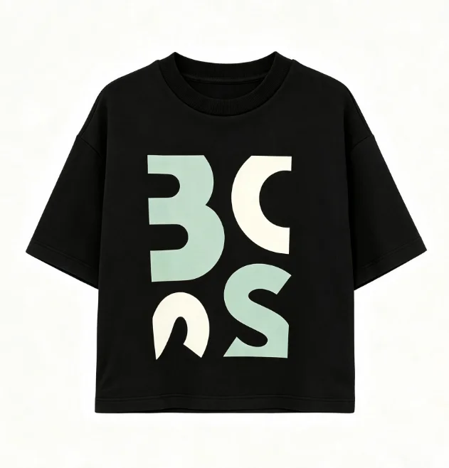 2026 new Black crew neck short sleeve tee, mint and off-white staggered letter print, vibrant casual style, cropped loose fit