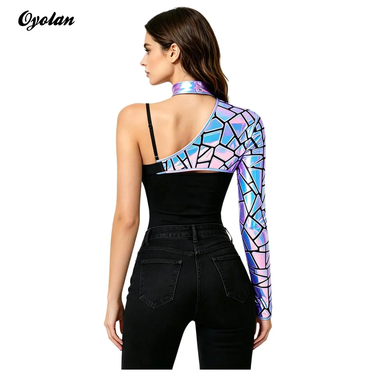 Women Metallic One Shoulder Asymmetrical Sequin Crop Top Festival Jazz Dancewear Halloween Astronaut Space Alien Cosplay Costume