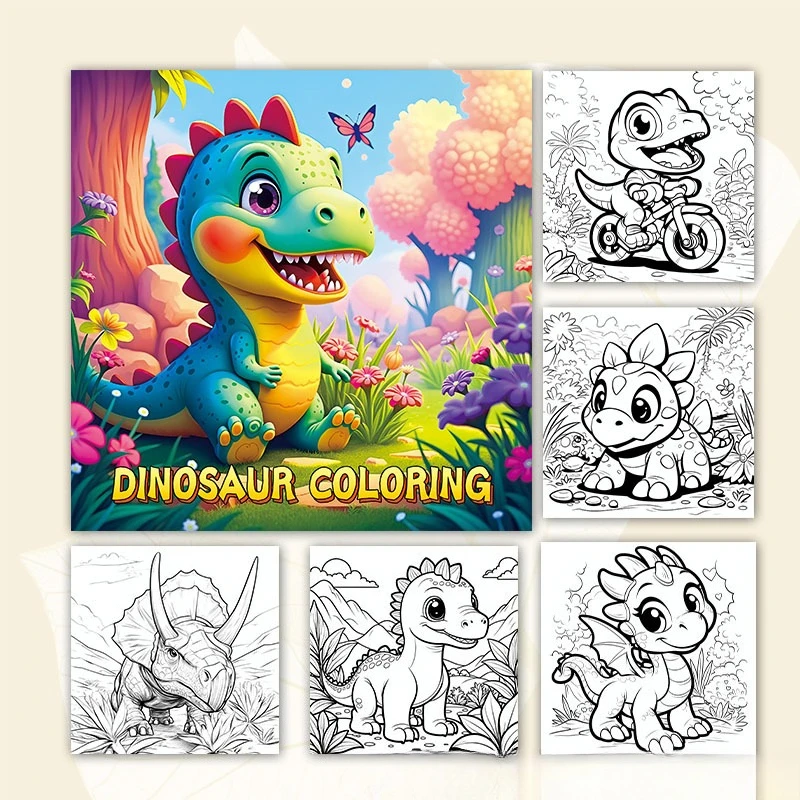 Dinosaur Coloring Book Cute Cartoon Dino Forest Floral Kids Stress Relief Drawing Book view 2