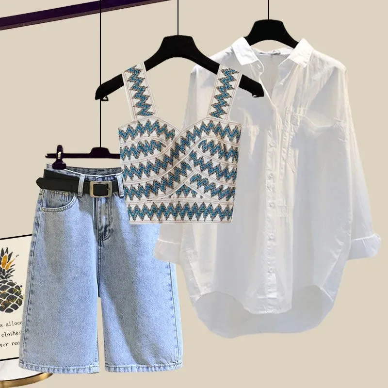 

Oversized Fashion Three-Piece Set for Women’s Casual Outfit Slim Fitting Sling Top+Loose Shirt+Wide Leg Short Jeans Suit Summer