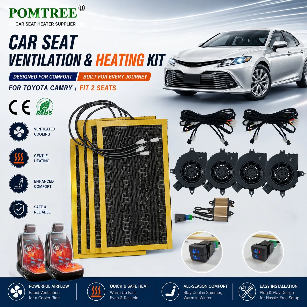 Built-in Car Seat Ventilation And Heating System Kit Fit 2 Seats,With Dedicated Switch & Fans Suitable For Toyota Series Camry
