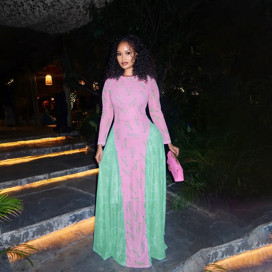 

Women's Round-Neck Color-Block Waist-Cinching Long-Sleeved Print Dress for Autumn 2025 Fashionable Elegant Style