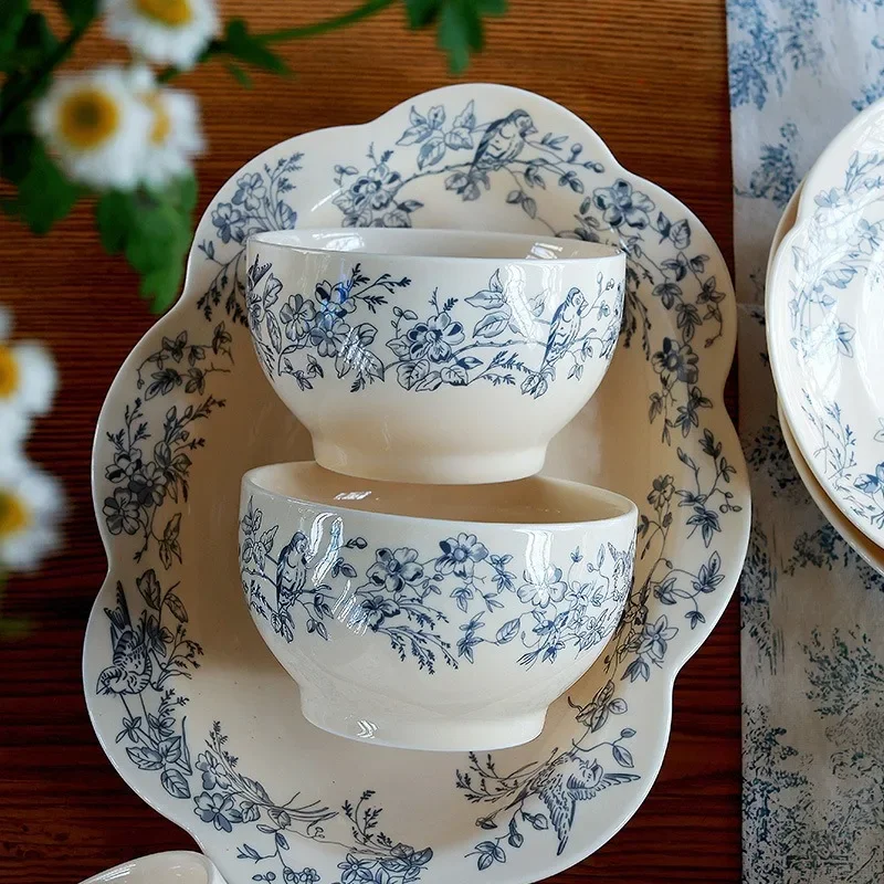 Japanese-style Blue and White Porcelain Bowl Creative Blue Flower Ceramic Dessert Plate Retro Tableware Household Kitchenware