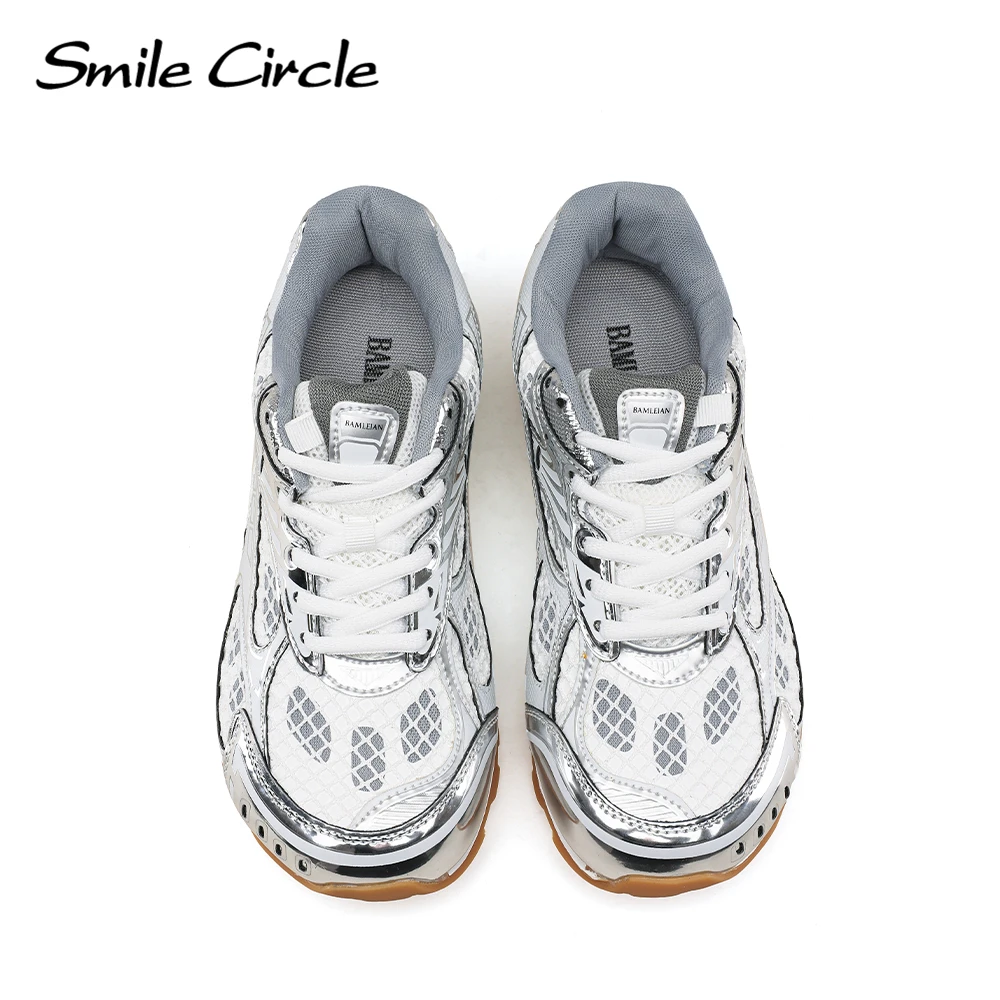 Smile Circle Orbit Sneakers Women Retro Lace-up Round toe Trainers Breathable Mesh Casual Shoes Silver/Green/Burgundy