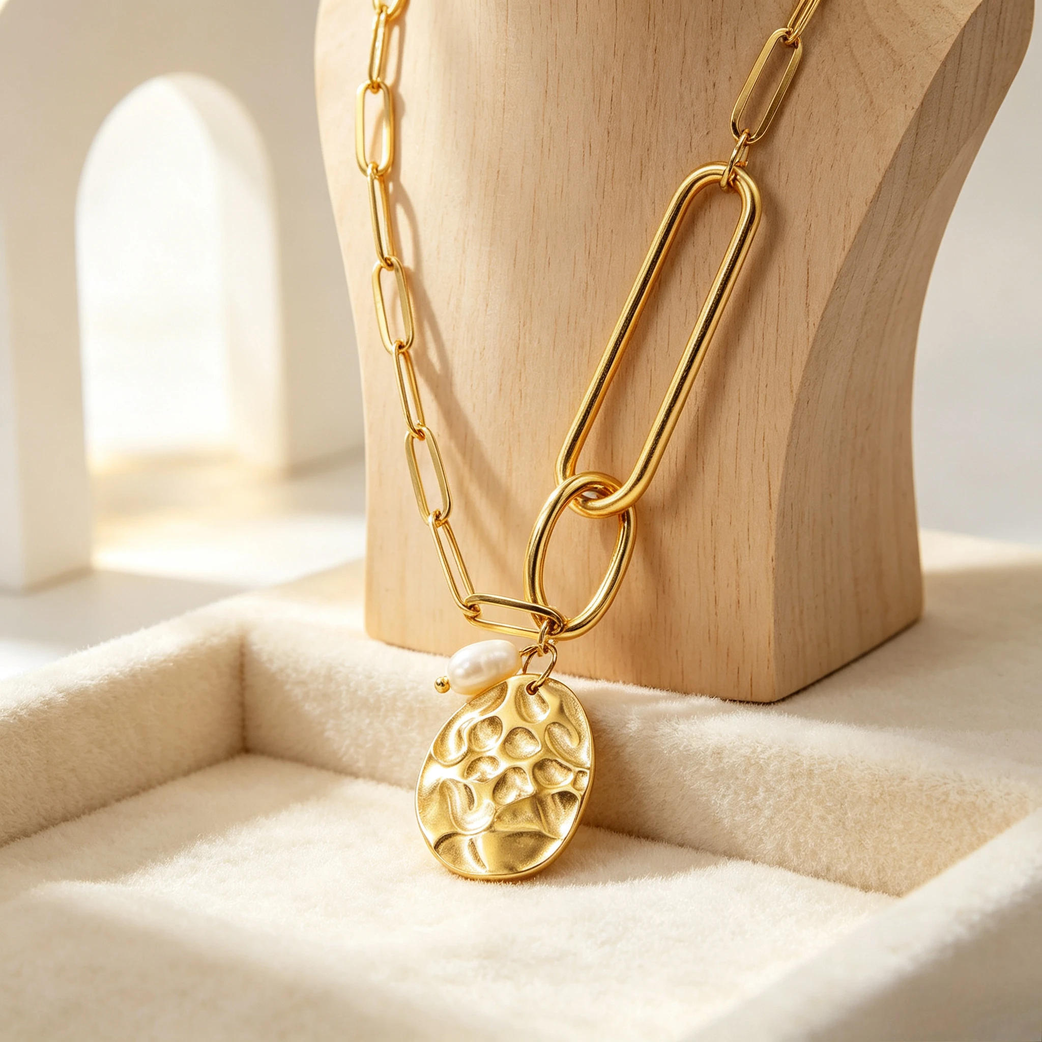 Heavy Chunky Paperclip Chain Hammered Oval Tag Baroque Pearl Necklace 316 Stainless Steel Gold Steel Two-Tone Retro Unique Stack