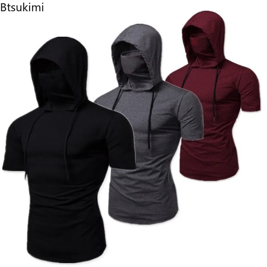 2025 Fashion Short Sleeve Mask Hooded T-shirts for Men Summer Solid Gym Fitness Tees Hip Hop Streetwear Male Casual Sweatshirts