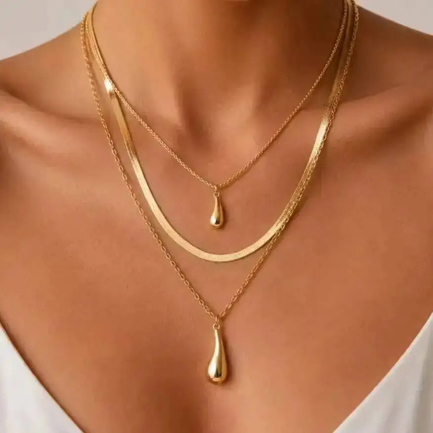 SHIXIN Vintage Multilayer Smooth Water Drop Pendant Necklace Women Simple Flat Snake Chain Clavicle Choker Jewelry On The Neck