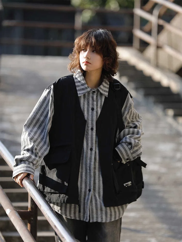 

Свободный жилет в вертикальную полоску для весны и осени, молодежный, модный, повседневный, унисекс, в стиле рабочей одежды