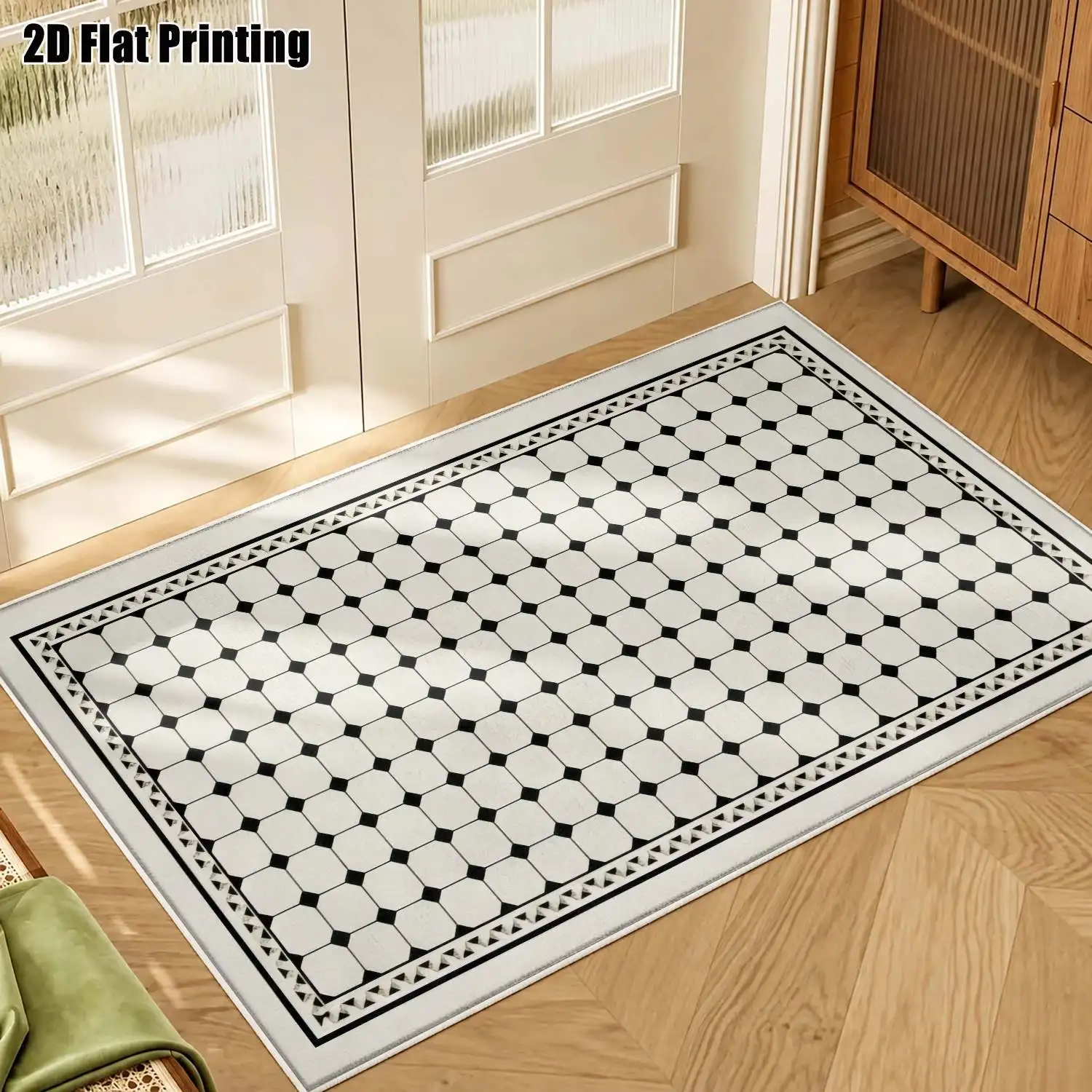 1Pc 2D Printed Black White Geometric Velvet Carpet, Nordic Modern Minimalist European Style, Multi-Size Machine Washable, for Home Decoration & Multi-Scenario Use