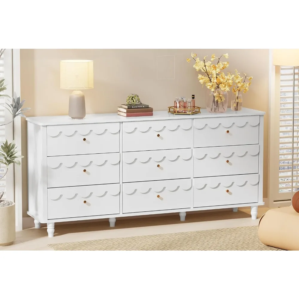 9 Drawer Dresser for Bedroom, Modern Wide Long Scalloped Chest of Drawers, Organizer Storage with Drawers, Fluted Petal Pattern