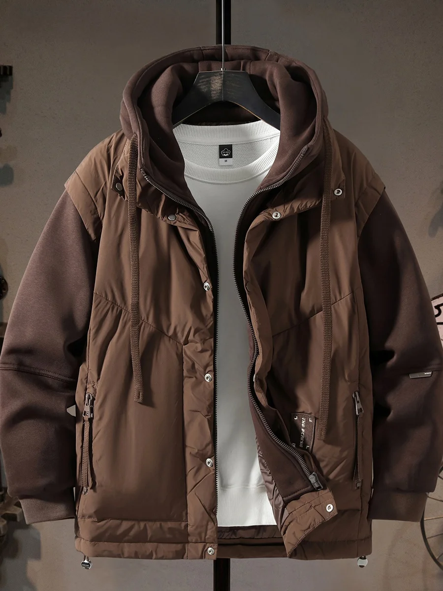 

Men's Faionable Thiened White Du down Jaet Fake Two-Piece Winter Coat Anti-Cold Splicing Outerwear Youth Trend