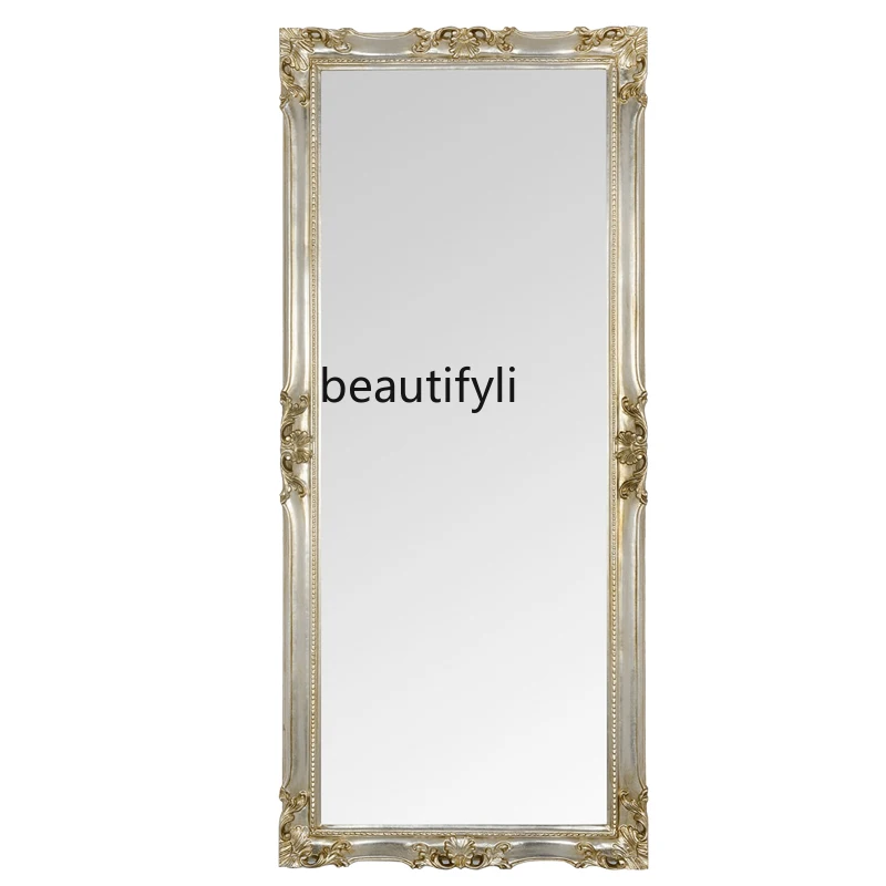 

European Style Full-Length Mirror Handmade Carved Vintage Floor Mirror Villa Living Room Cloakroom Full-Length Mirror