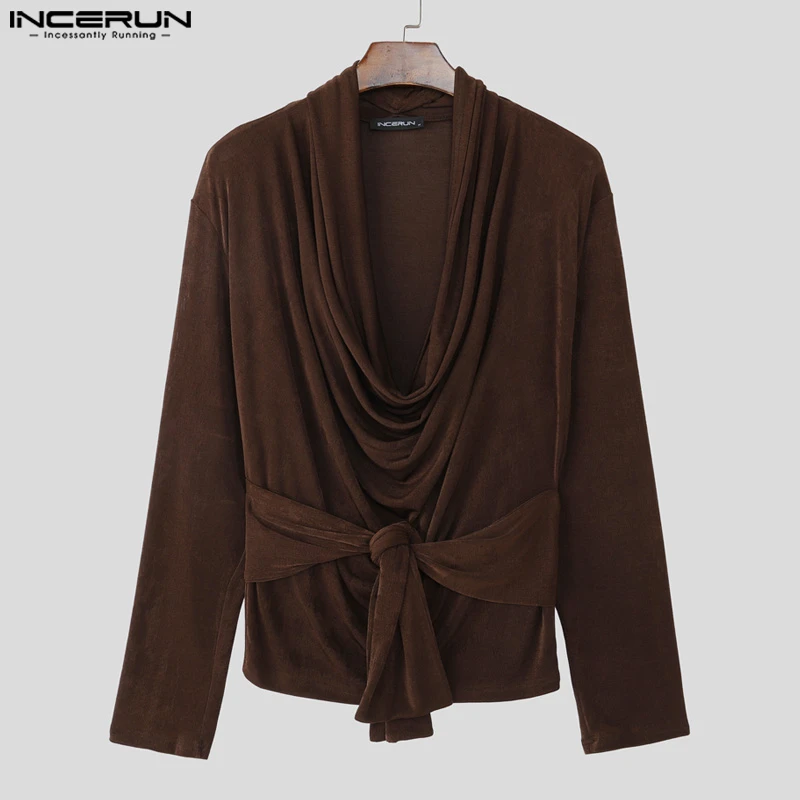 

INCERUN Мужская футболка нестандартной формы, однотонная, с v-образным вырезом, длинным рукавом, на шнуровке, мужская одежда, уличная одежда, плиссированные модные повседневные футболки