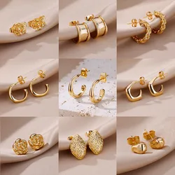 Stainless Steel Earrings for Women 2023 Vintage Gold Color Irregular C Shaped Earrings Luxury Piercing Jewelry Accessories Gift