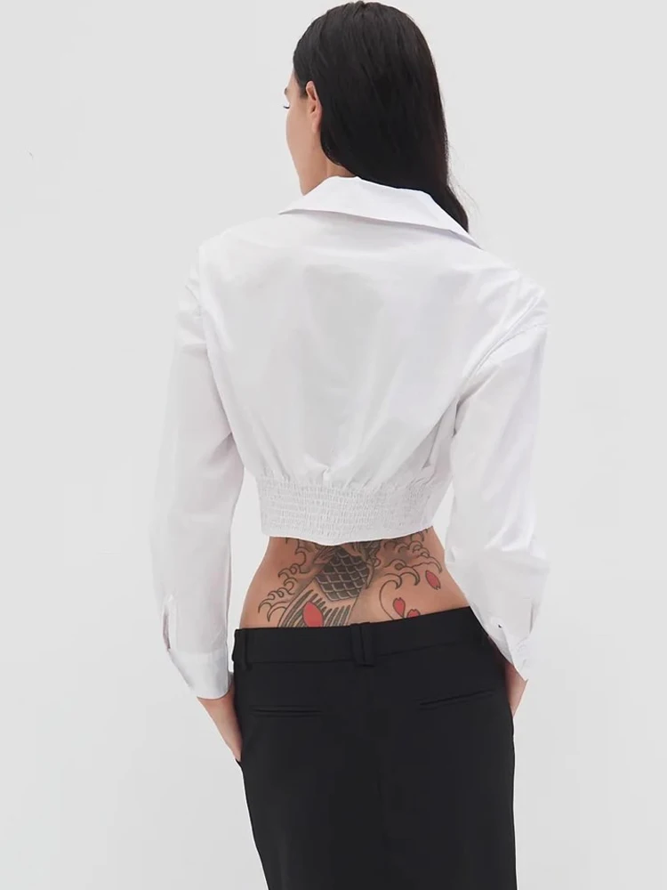 

Женская хлопковая рубашка с коротким рукавом, приталенная, в уличном стиле, с длинным воротником, белая, однотонная, дизайнерская, с эффектом утяжки на талии, в стиле BF, Hong Ko...