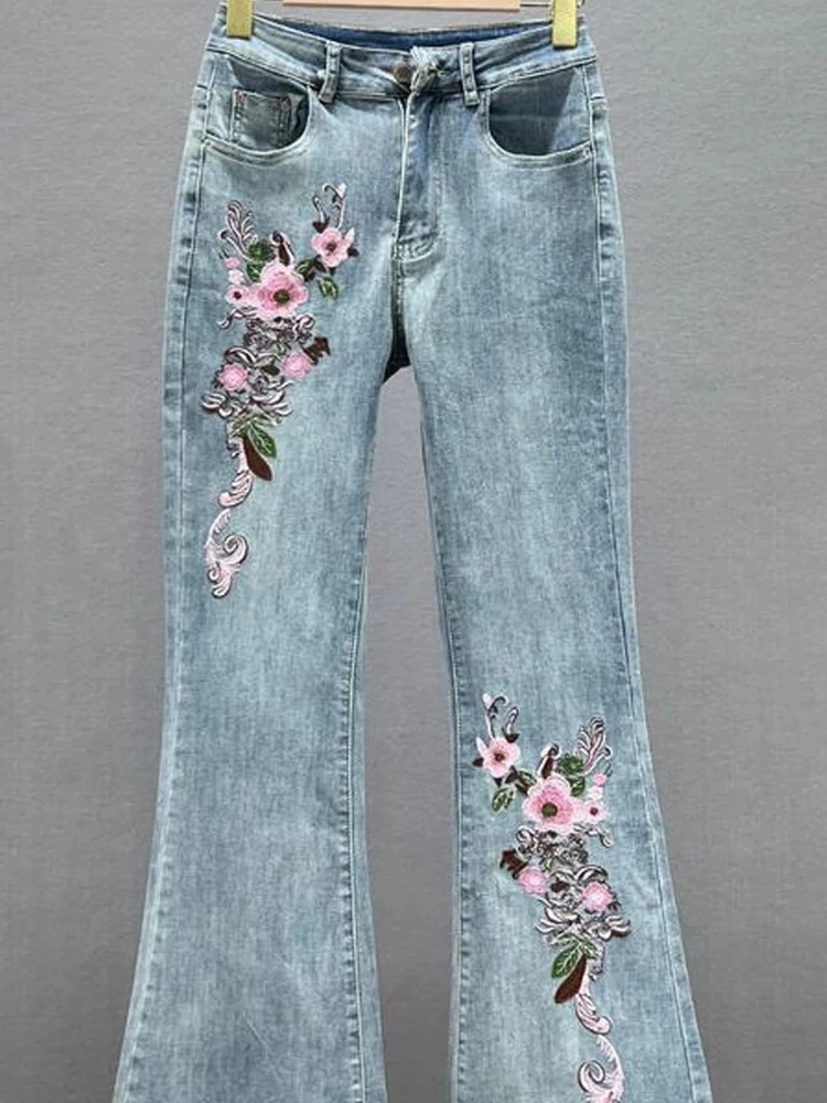 

Jeans Vintage Washed Embroidered Women Summer New Style Premium Stretch High Waist Slim Fit Slimming Ethnic Flared Pants