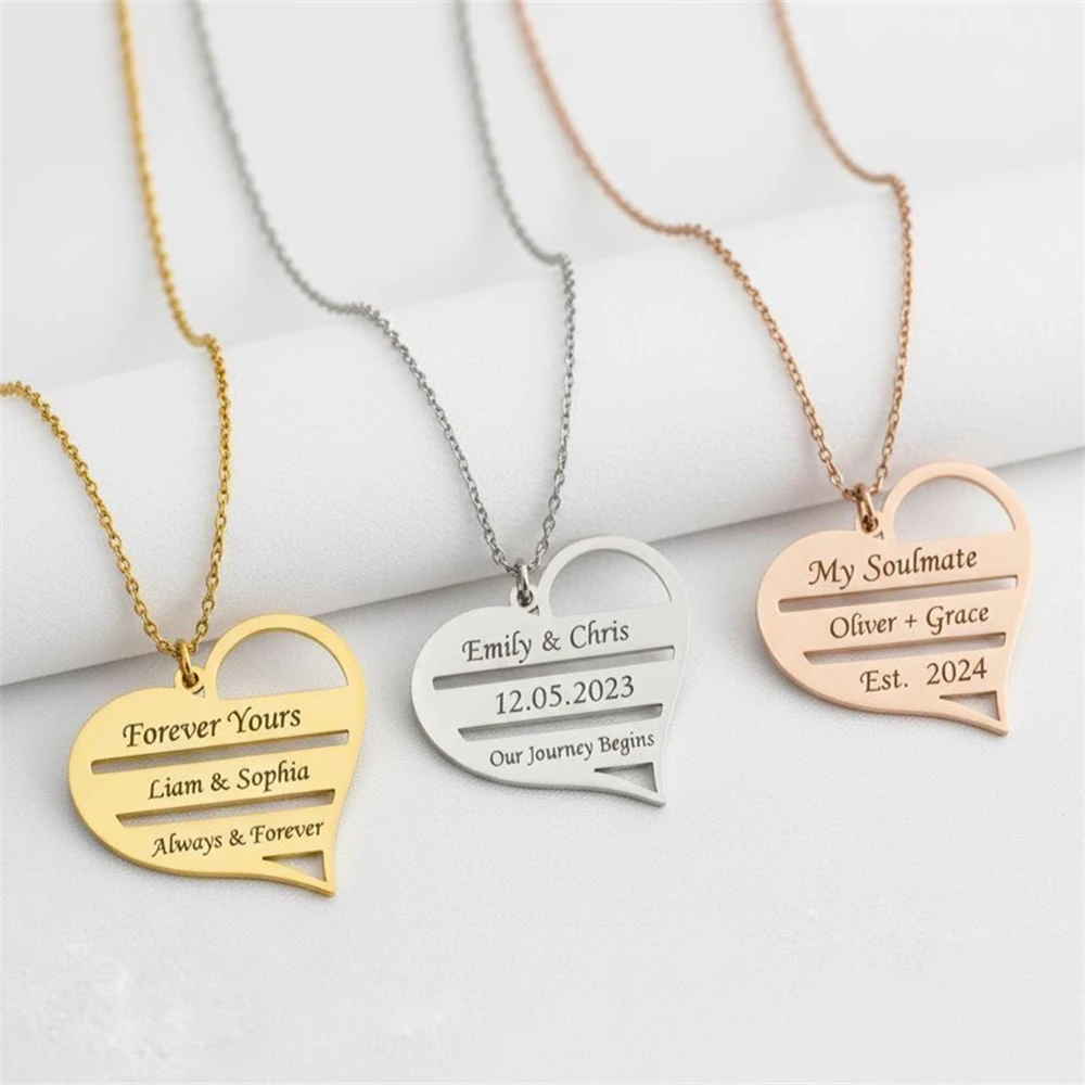 Custom Girlfriend Heart Necklace Personalised Jewelry Engraved Date Name Necklace Stainless Steel Pendant Collares Para Mujer