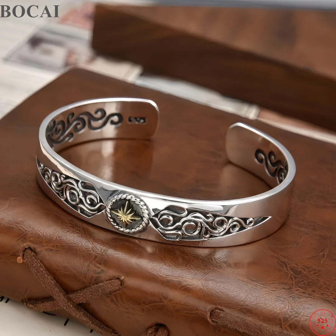 BOCAI S925 Sterling Silver Charms Bangle for Men Women Antique Eternal Rattan Sunflower Ring Punk Bracelet Fine Choice Jewelry