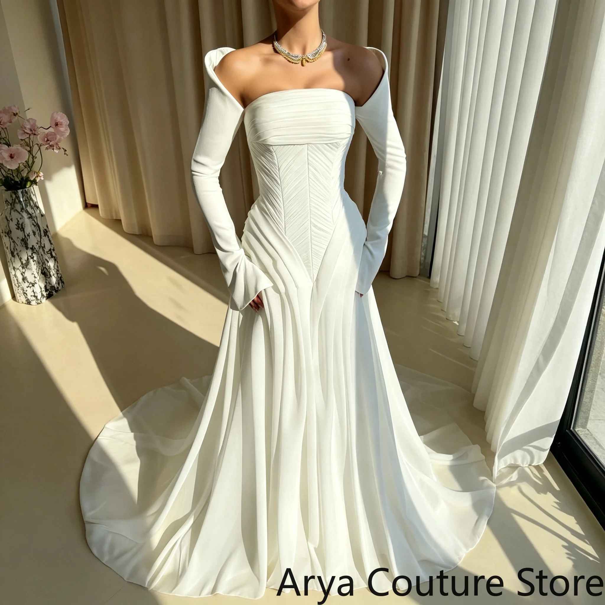 A‑Line Wedding Dress Satin Boned Corset Bodice With Vertical Pleat Details Matching Long Satin Gloves Voluminous Flowy